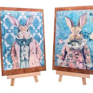 2 Pc Set 4X6 Handmade Vintage Style Easter Signs With Stands, Wendell and Blanch
